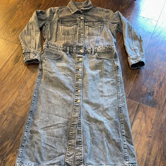 Zara Women's Charcoal Gray Black Wash Fade Long Shirt Dress Jacket - Picture 2 of 14